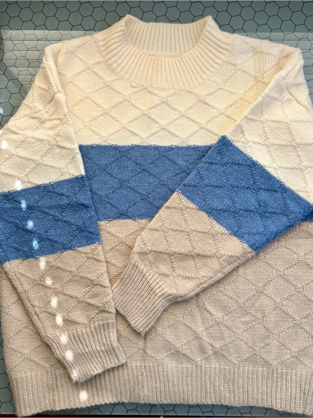 Cream and Blue Diamond-Knit Crewneck Sweater
